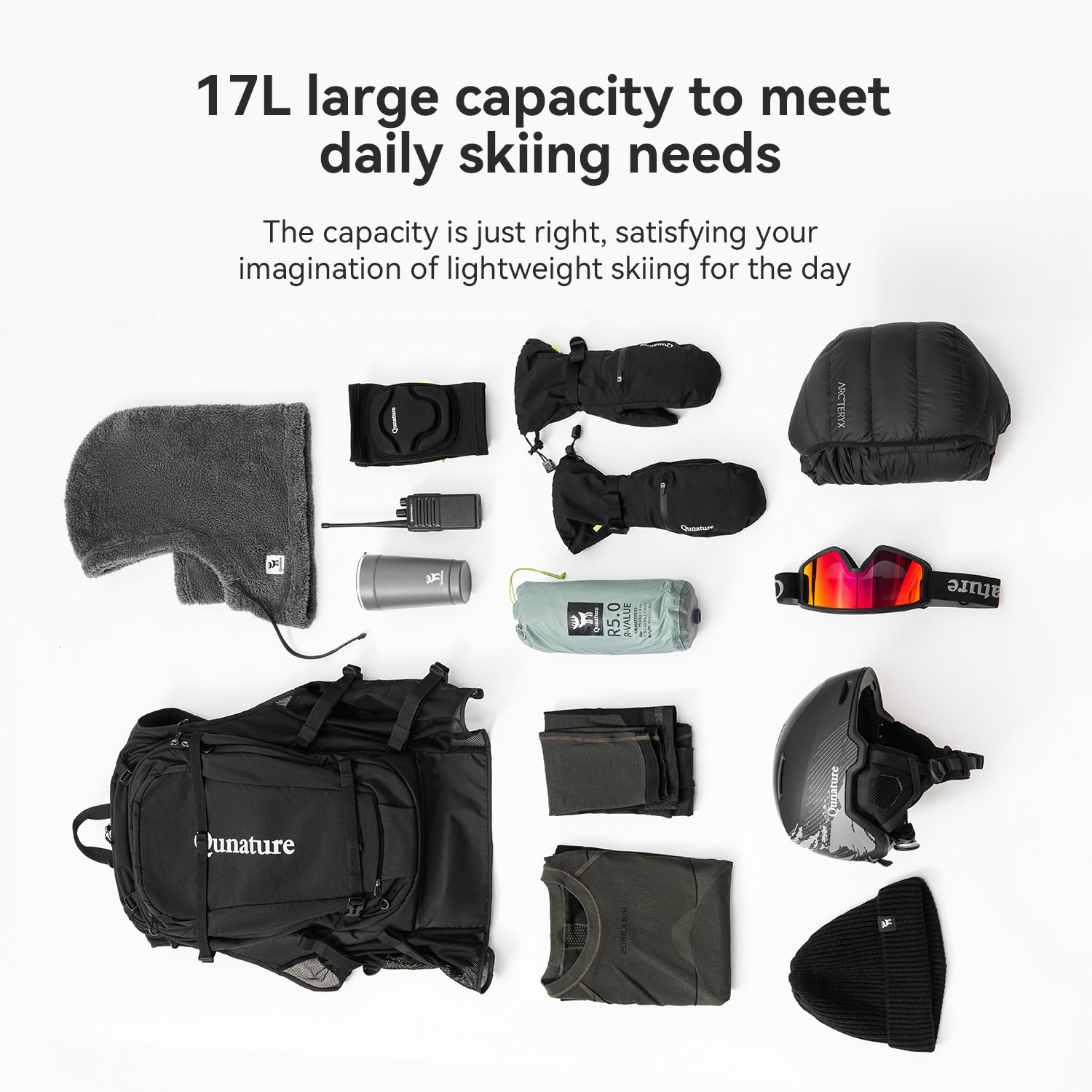 Qunature Ski Vest Backpack 17L Wearable 2-in-1 Snowboard Bag with Hidden Board Strap Breathable Back for Skiing Snowboarding