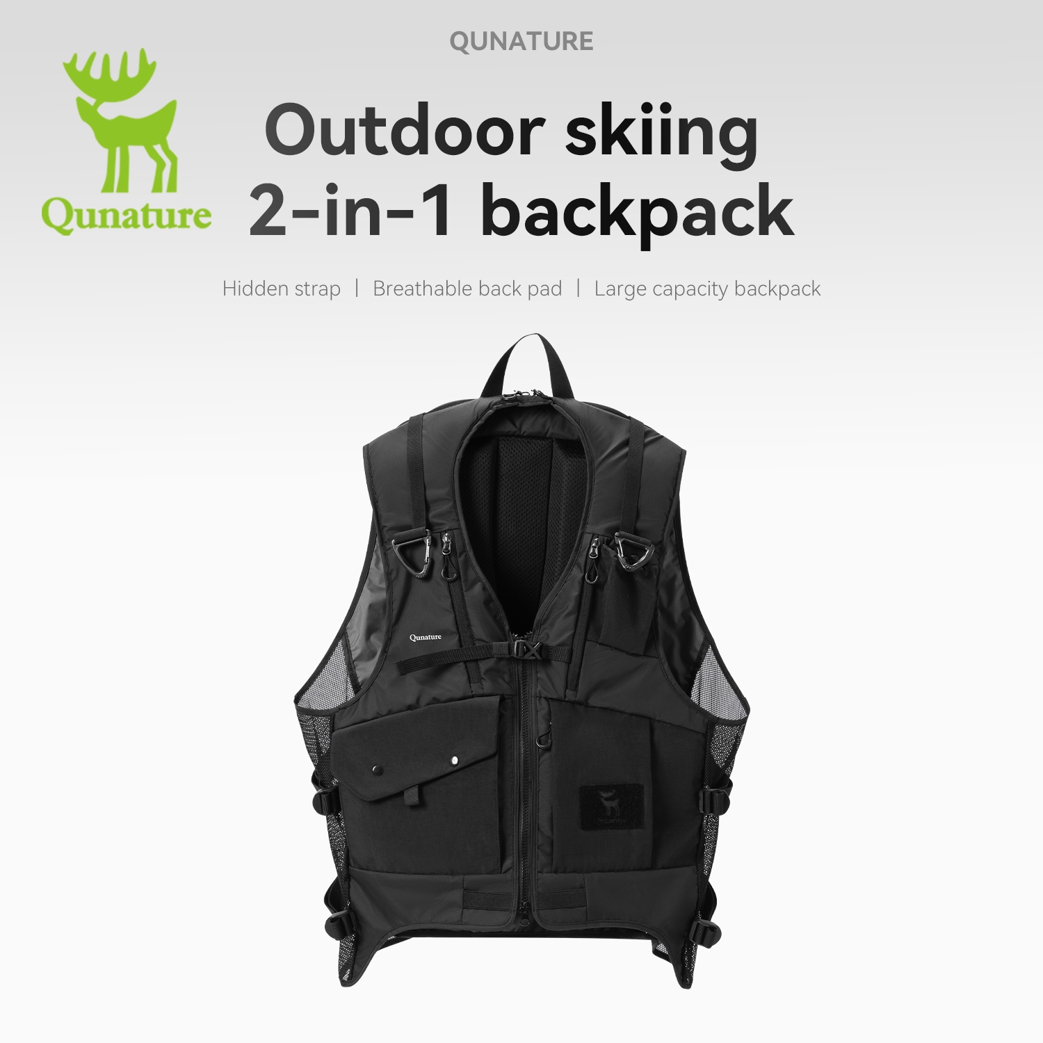 Qunature Ski Vest Backpack 17L Wearable 2-in-1 Snowboard Bag with Hidden Board Strap Breathable Back for Skiing Snowboarding