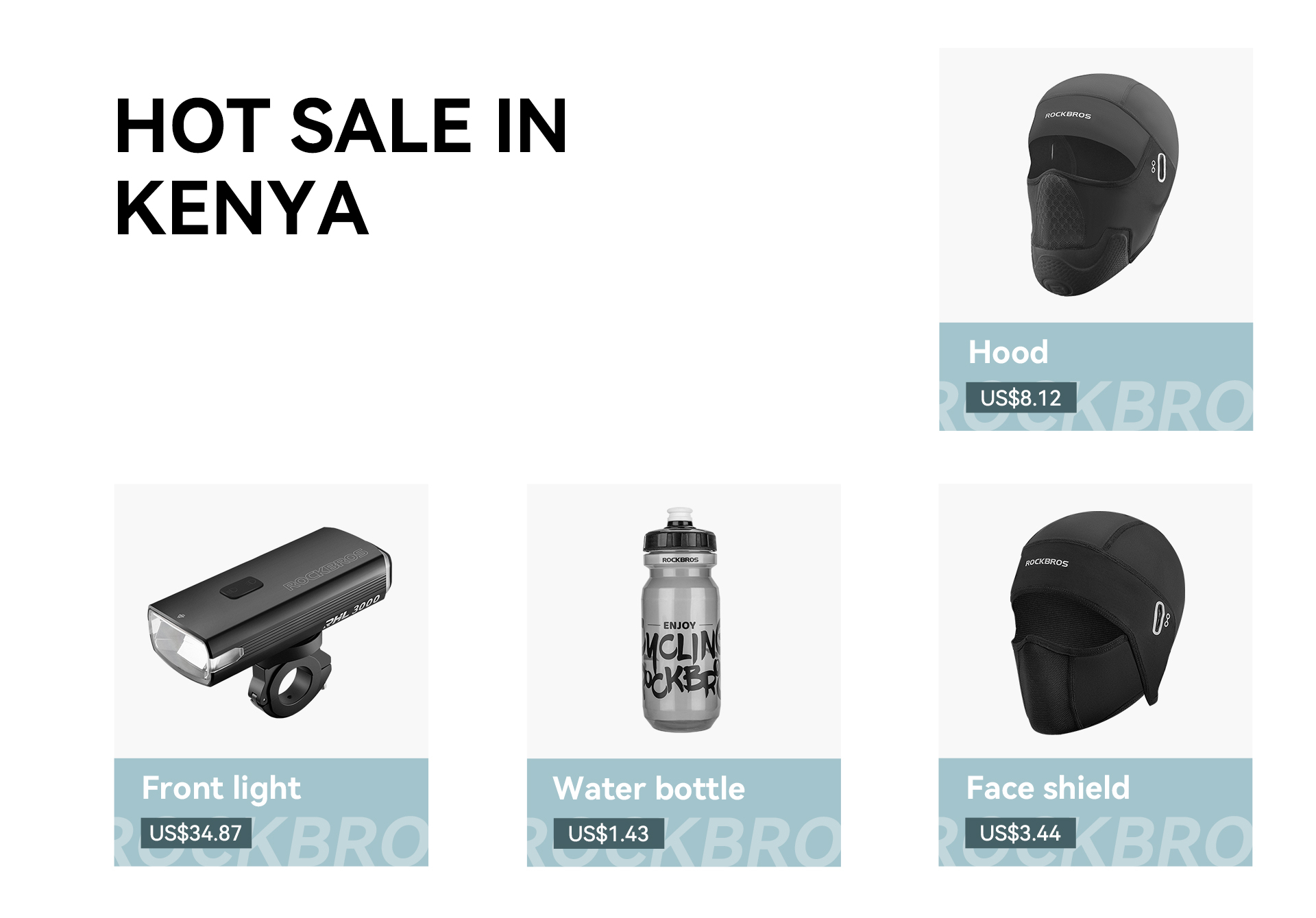 Balaclava, bike headlight, water bottle and ice silk face mask assortment
