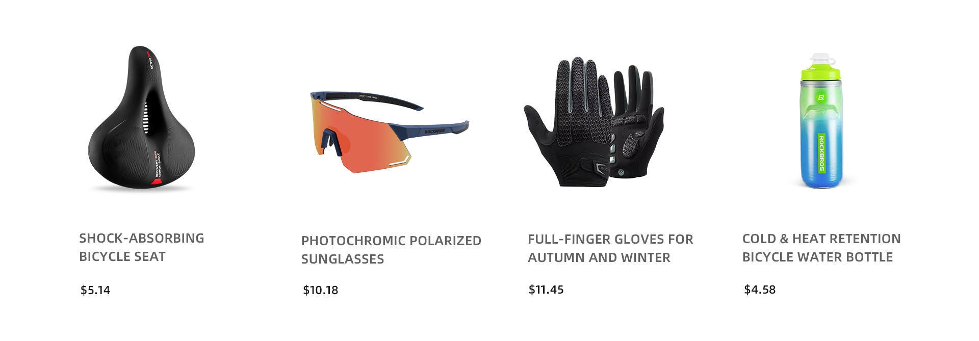 Bike saddle, sunglasses, winter gloves and insulated bottle assortment