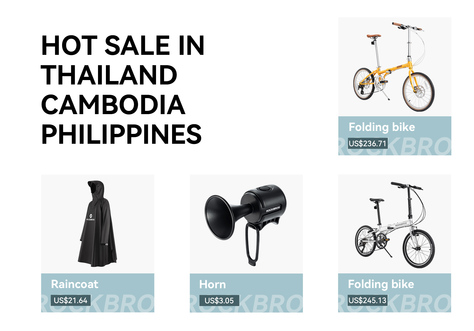 Folding bikes, motorcycle raincoat and electric bike horn assortment