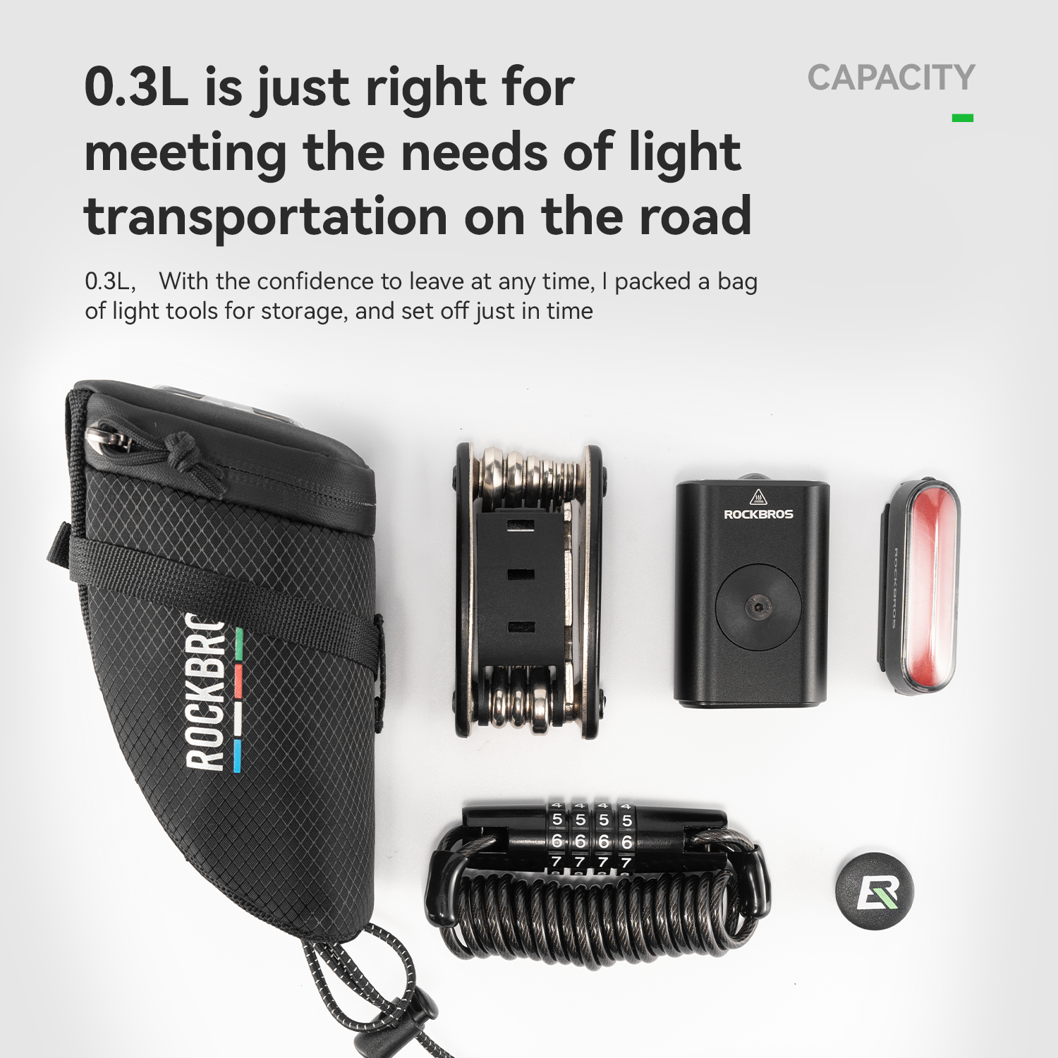 ROCKBROS ROAD to SKY SERIES Bike Saddle Bag with Smart Tail Light Light-Sensing Auto On/Off USB Rechargeable IPX6 0.3L