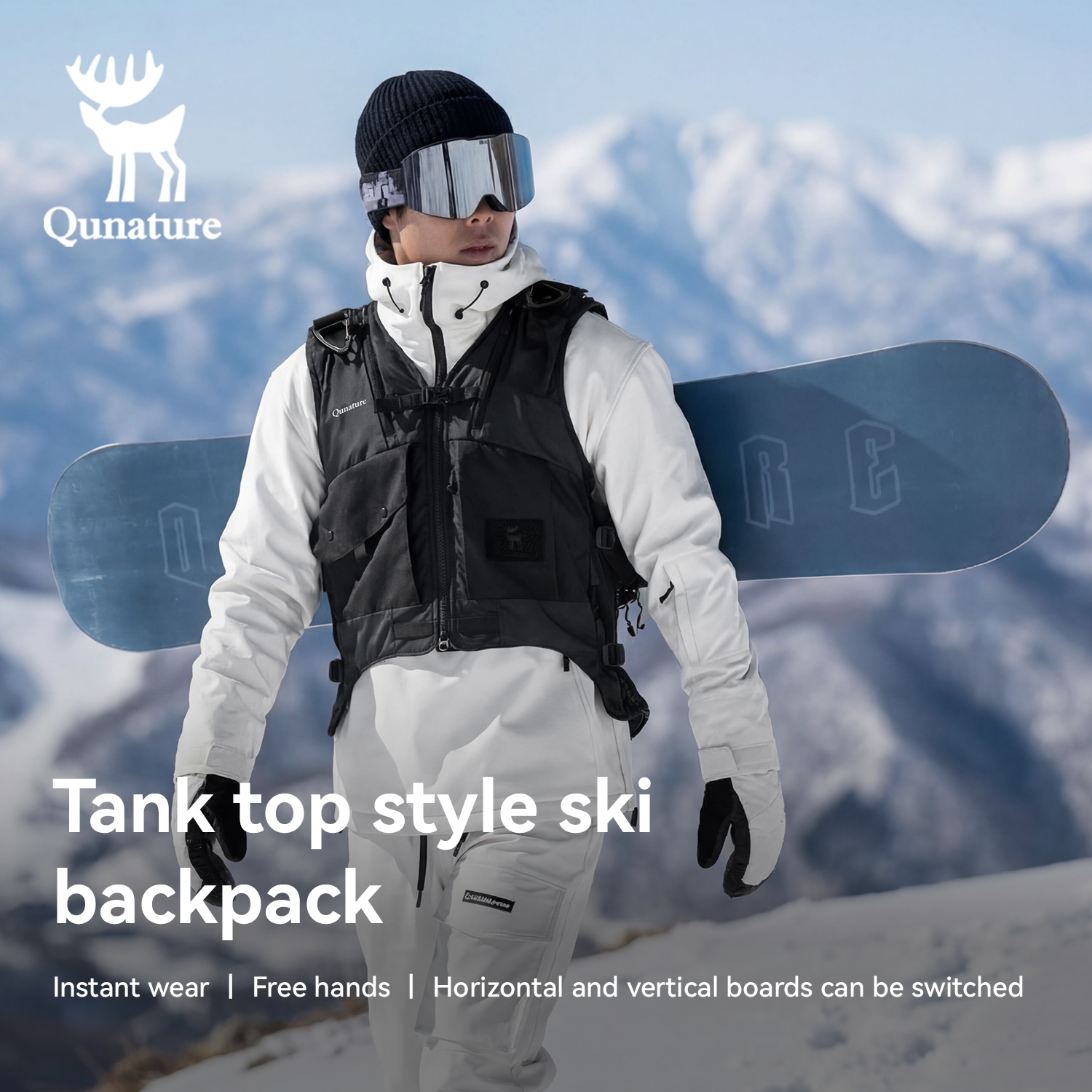 Qunature Ski Vest Backpack 17L Wearable 2-in-1 Snowboard Bag with Hidden Board Strap Breathable Back for Skiing Snowboarding